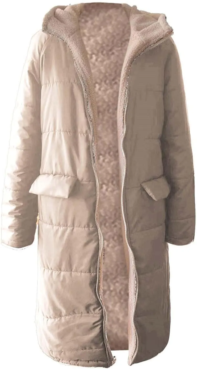 GOKKILRW Womens Long Fleece Down Coats Shearling Sherpa Quilted Jacket with Hood 2024 Winter Fashion Clothes Oversized Jacket