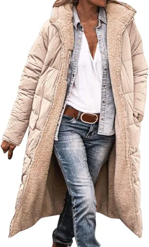 GOKKILRW Womens Long Fleece Down Coats Shearling Sherpa Quilted Jacket with Hood 2024 Winter Fashion Clothes Oversized Jacket