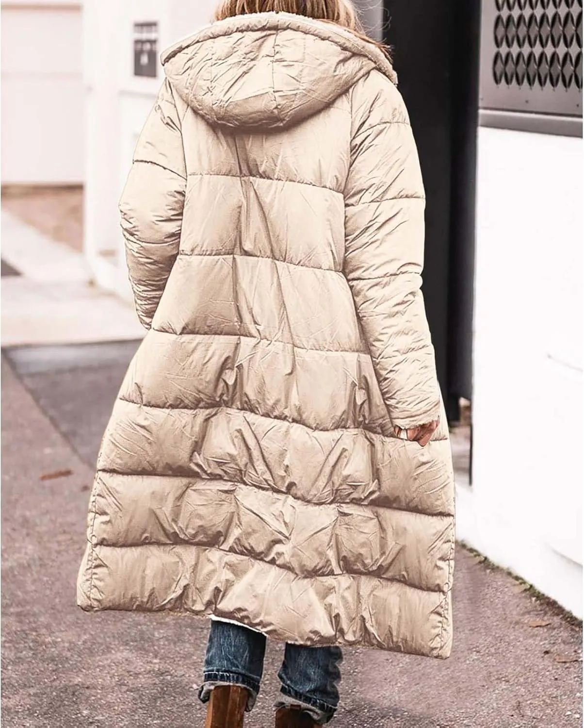 GOKKILRW Womens Long Fleece Down Coats Shearling Sherpa Quilted Jacket with Hood 2024 Winter Fashion Clothes Oversized Jacket