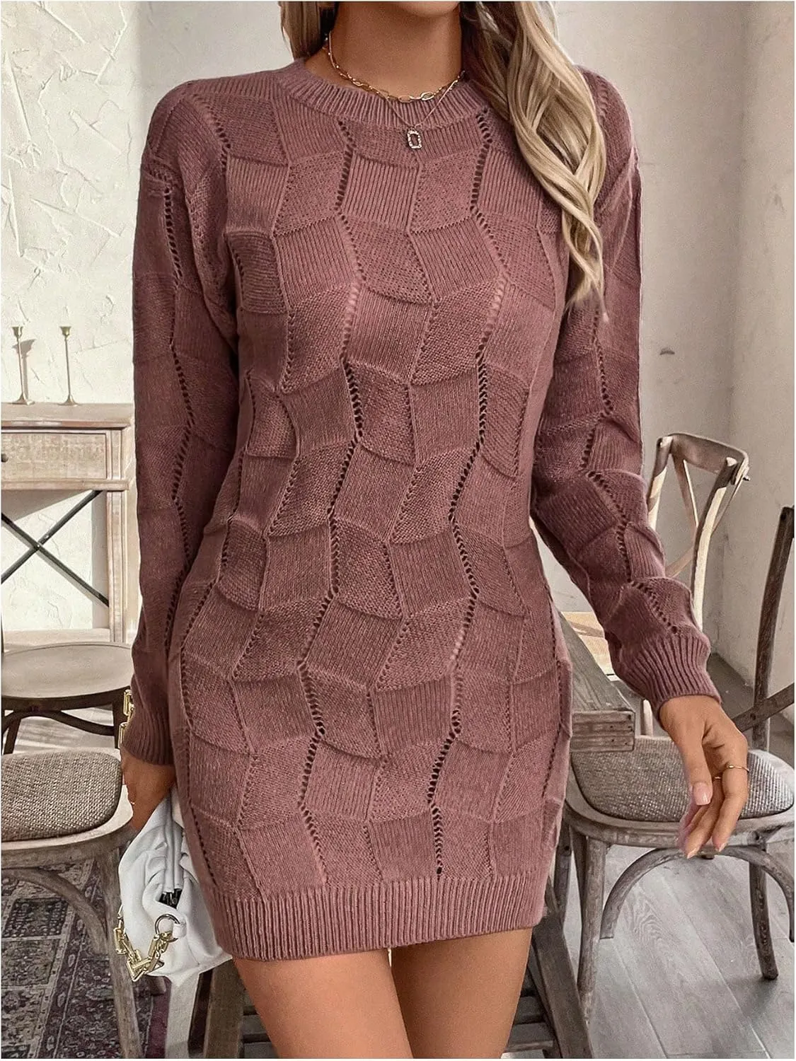 GORGLITTER Women's Cable Knit Sweater Dress Long Sleeve Knit Short Bodycon Dresses