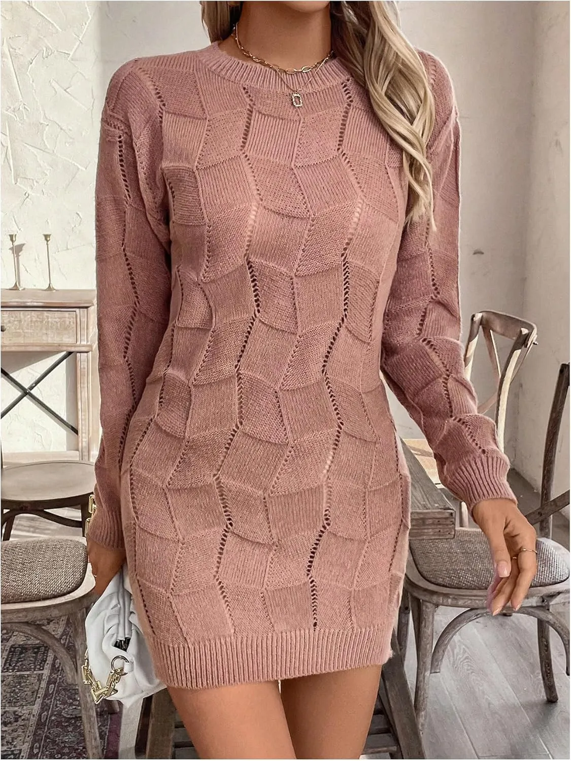 GORGLITTER Women's Cable Knit Sweater Dress Long Sleeve Knit Short Bodycon Dresses