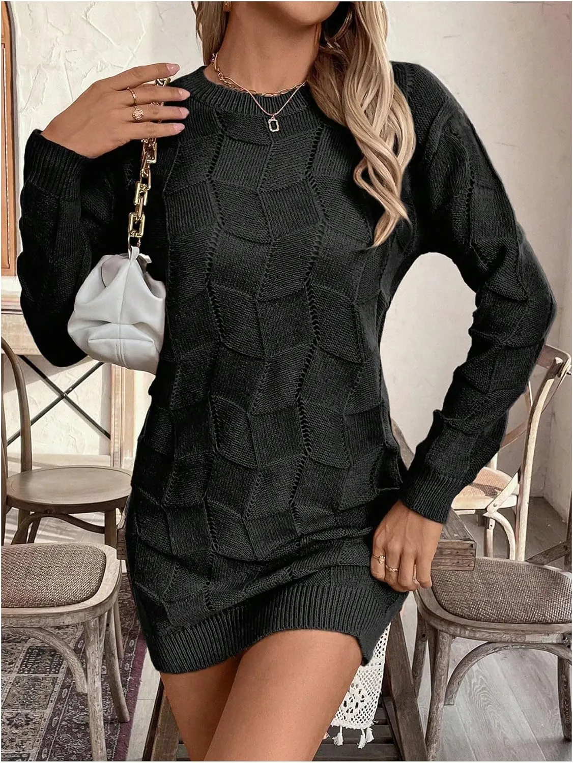 GORGLITTER Women's Cable Knit Sweater Dress Long Sleeve Knit Short Bodycon Dresses