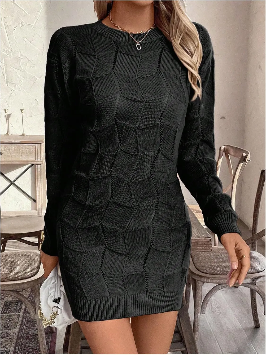 GORGLITTER Women's Cable Knit Sweater Dress Long Sleeve Knit Short Bodycon Dresses