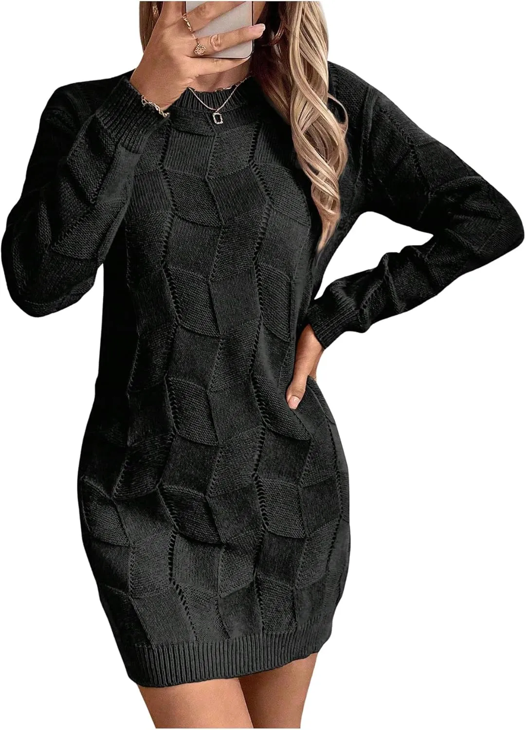 GORGLITTER Women's Cable Knit Sweater Dress Long Sleeve Knit Short Bodycon Dresses