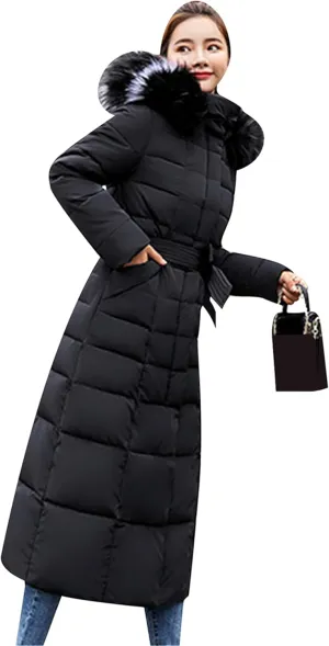 GRASWE Womens Warm Fur Hooded Coat Thick Winter Warm Parka Jacket Maxi Long Padded Puffer Coat with Pockets