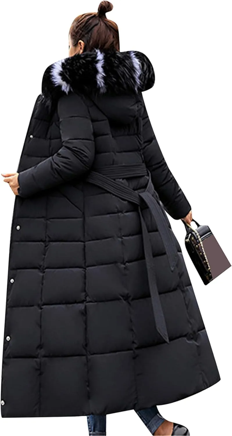 GRASWE Womens Warm Fur Hooded Coat Thick Winter Warm Parka Jacket Maxi Long Padded Puffer Coat with Pockets