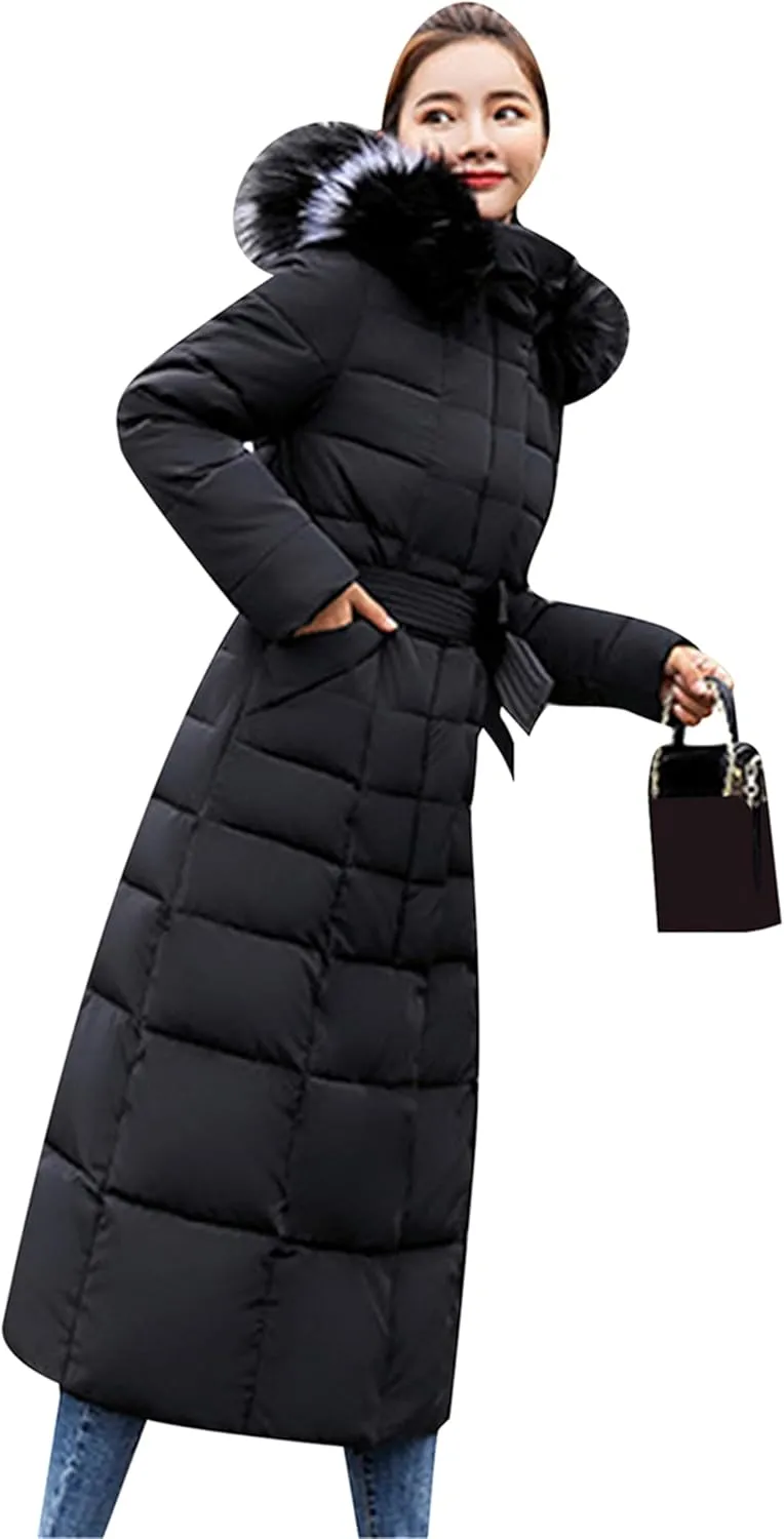 GRASWE Womens Warm Fur Hooded Coat Thick Winter Warm Parka Jacket Maxi Long Padded Puffer Coat with Pockets