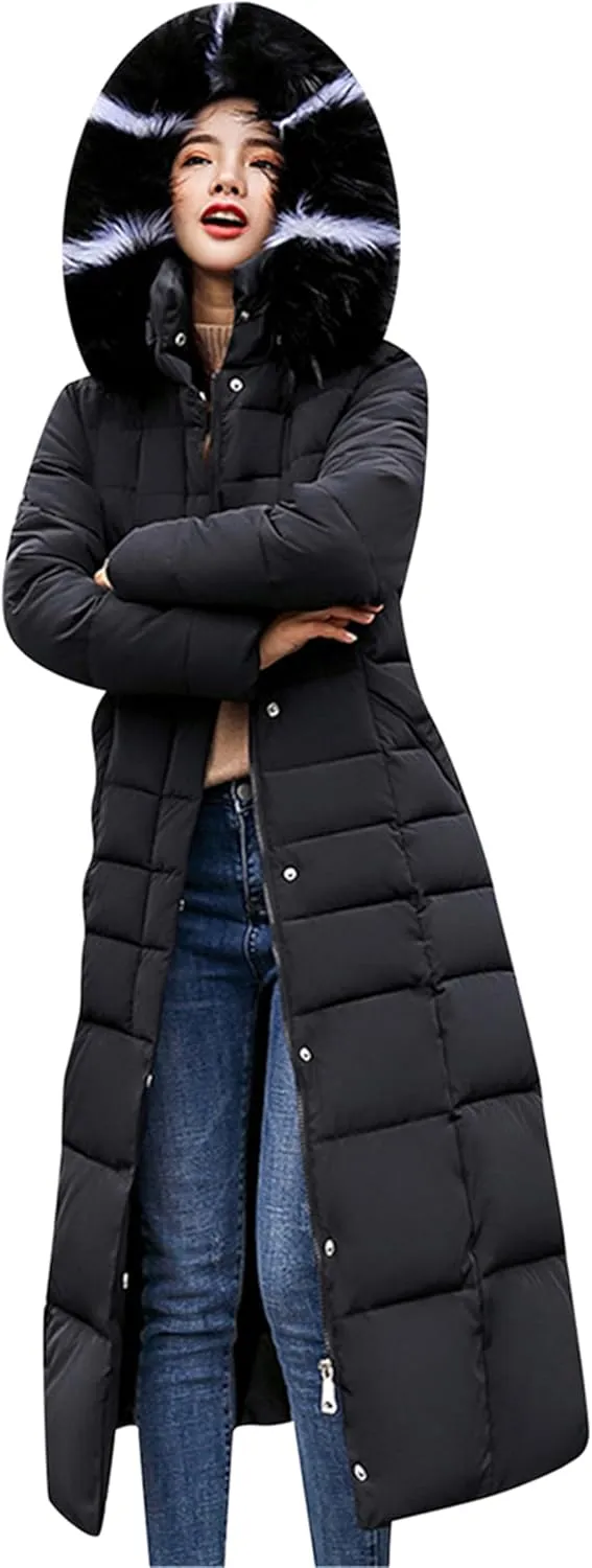 GRASWE Womens Warm Fur Hooded Coat Thick Winter Warm Parka Jacket Maxi Long Padded Puffer Coat with Pockets