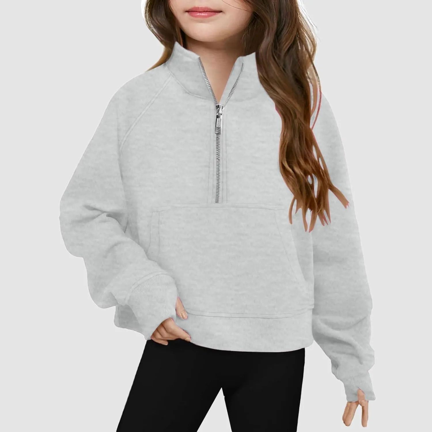Half Zip Crop Sweatshirt for Teen Girls Long Sleeve Pullover Top Kids Preppy Sweatshirts for Girls with Thumb Hole