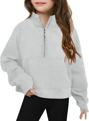 Half Zip Crop Sweatshirt for Teen Girls Long Sleeve Pullover Top Kids Preppy Sweatshirts for Girls with Thumb Hole