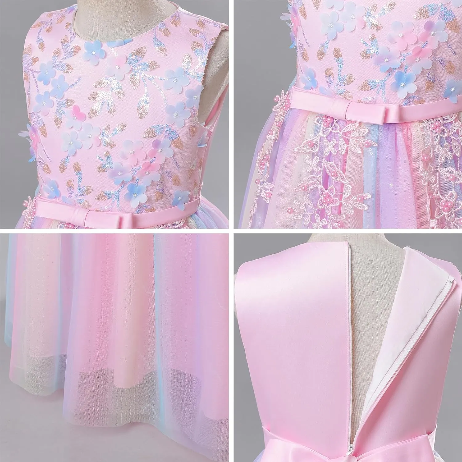 IDOPIP Sequin Flower Girl Lace Dress for Kids Wedding Pageant Party Formal Long Gown Princess First Communion Tulle Dresses