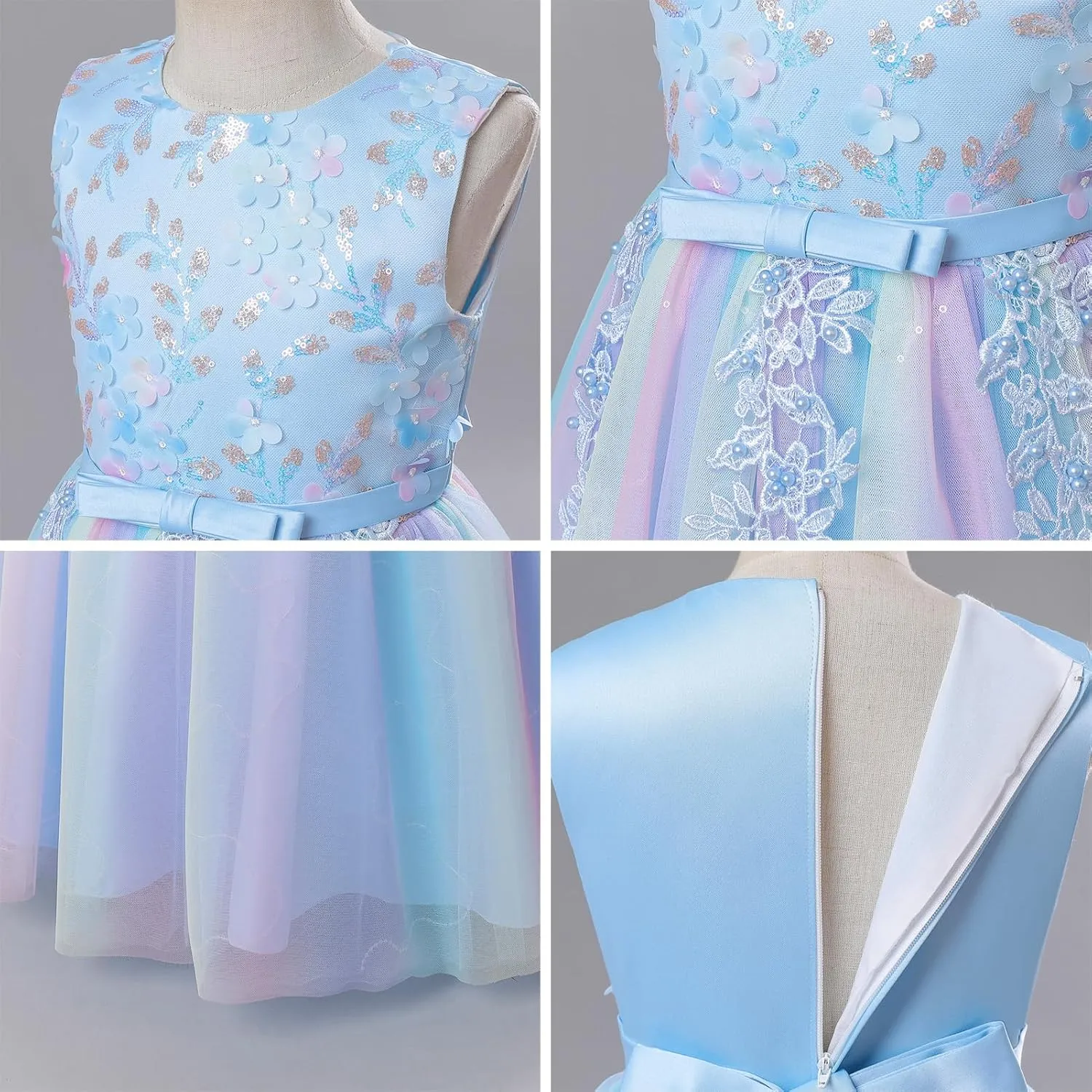 IDOPIP Sequin Flower Girl Lace Dress for Kids Wedding Pageant Party Formal Long Gown Princess First Communion Tulle Dresses