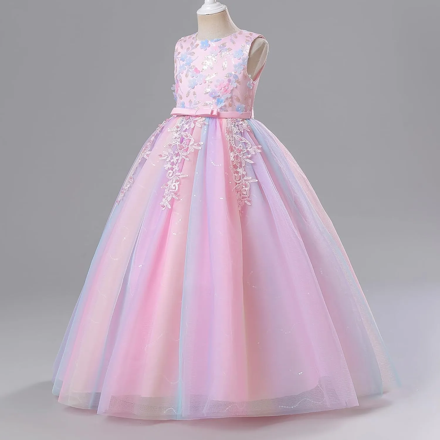 IDOPIP Sequin Flower Girl Lace Dress for Kids Wedding Pageant Party Formal Long Gown Princess First Communion Tulle Dresses