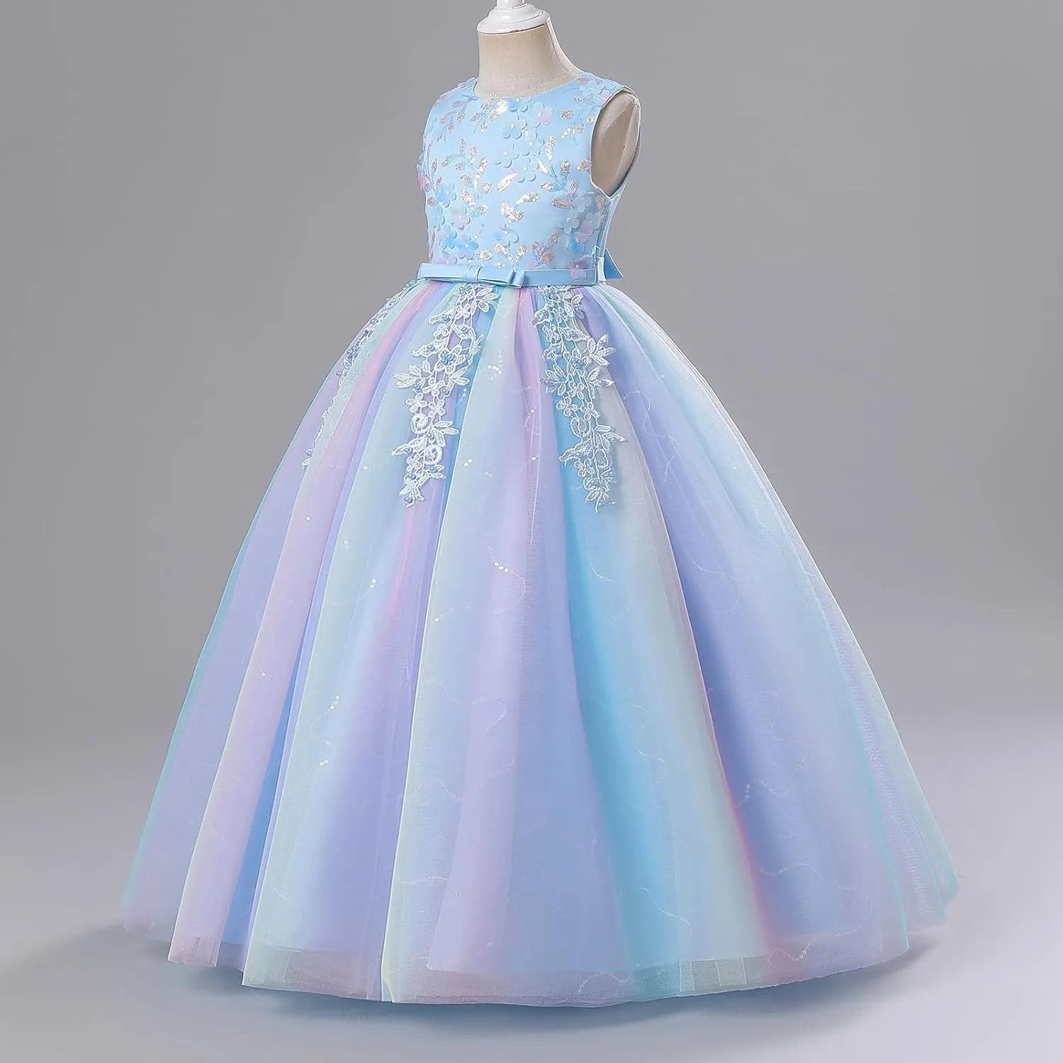 IDOPIP Sequin Flower Girl Lace Dress for Kids Wedding Pageant Party Formal Long Gown Princess First Communion Tulle Dresses