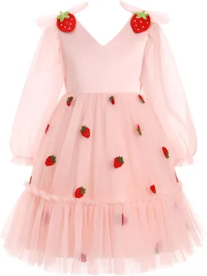 IDOPIP Toddler Girls Tutu Dress Mesh Long Sleeve Strawberry Heart Valentine Birthday Party Dresses Pageant Ruffle Tulle Gown