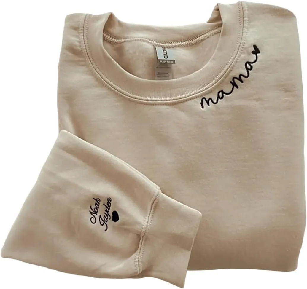 IZI POD Personalized Embroidered Mama Sweatshirt, Mama Sweatshirt, Custom Sleeve Embroidered Sweatshirt for Christmas
