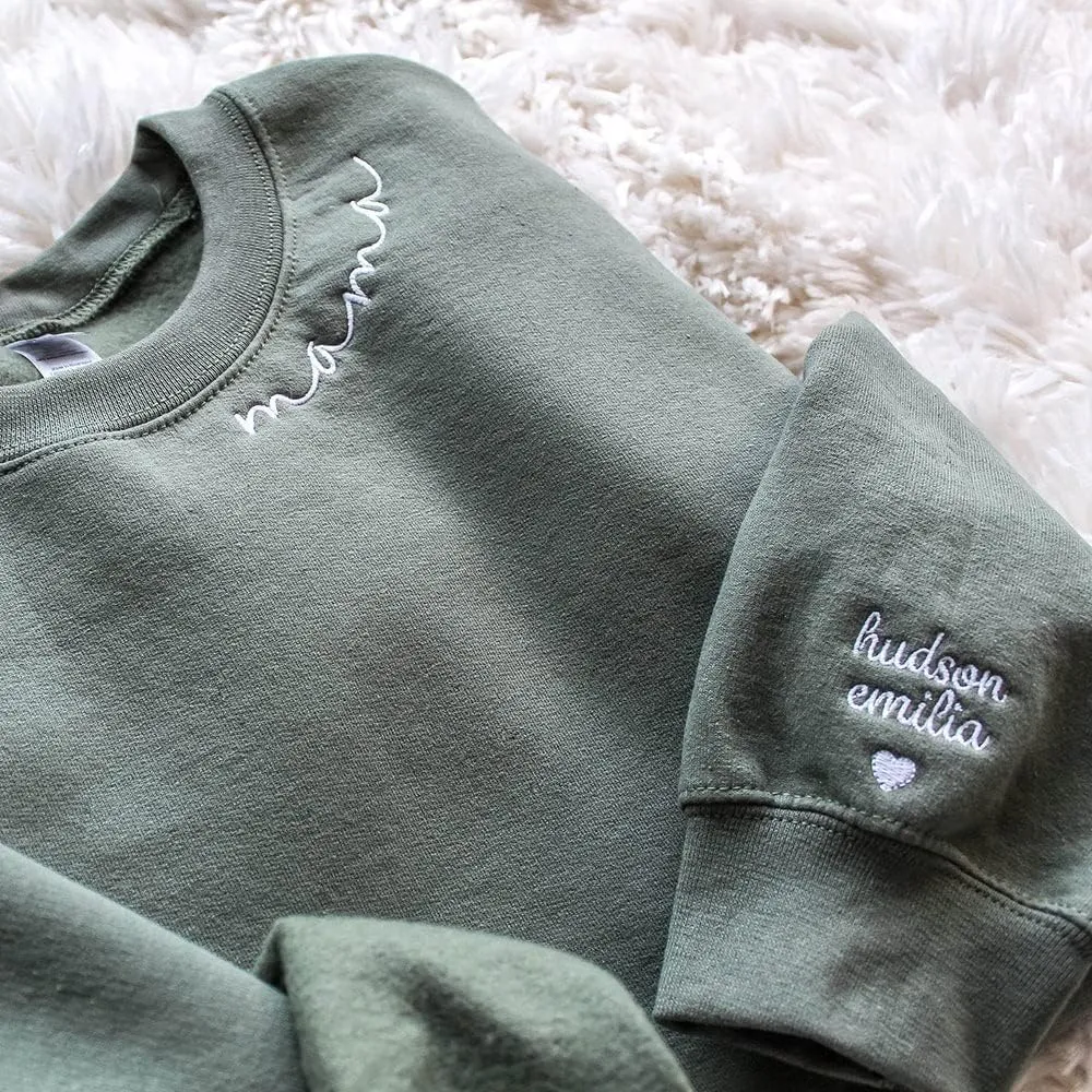 IZI POD Personalized Embroidered Mama Sweatshirt, Mama Sweatshirt, Custom Sleeve Embroidered Sweatshirt for Christmas