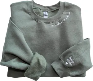 IZI POD Personalized Embroidered Mama Sweatshirt, Mama Sweatshirt, Custom Sleeve Embroidered Sweatshirt for Christmas