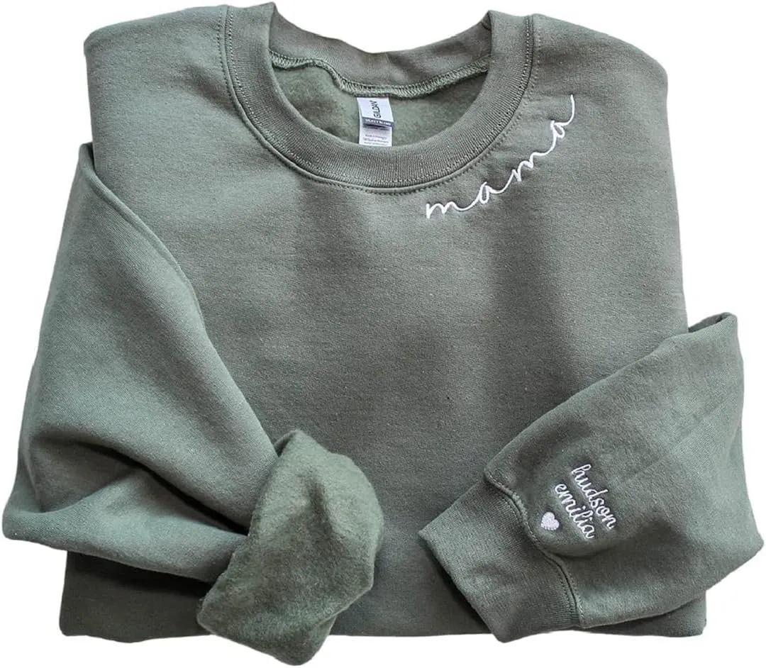IZI POD Personalized Embroidered Mama Sweatshirt, Mama Sweatshirt, Custom Sleeve Embroidered Sweatshirt for Christmas