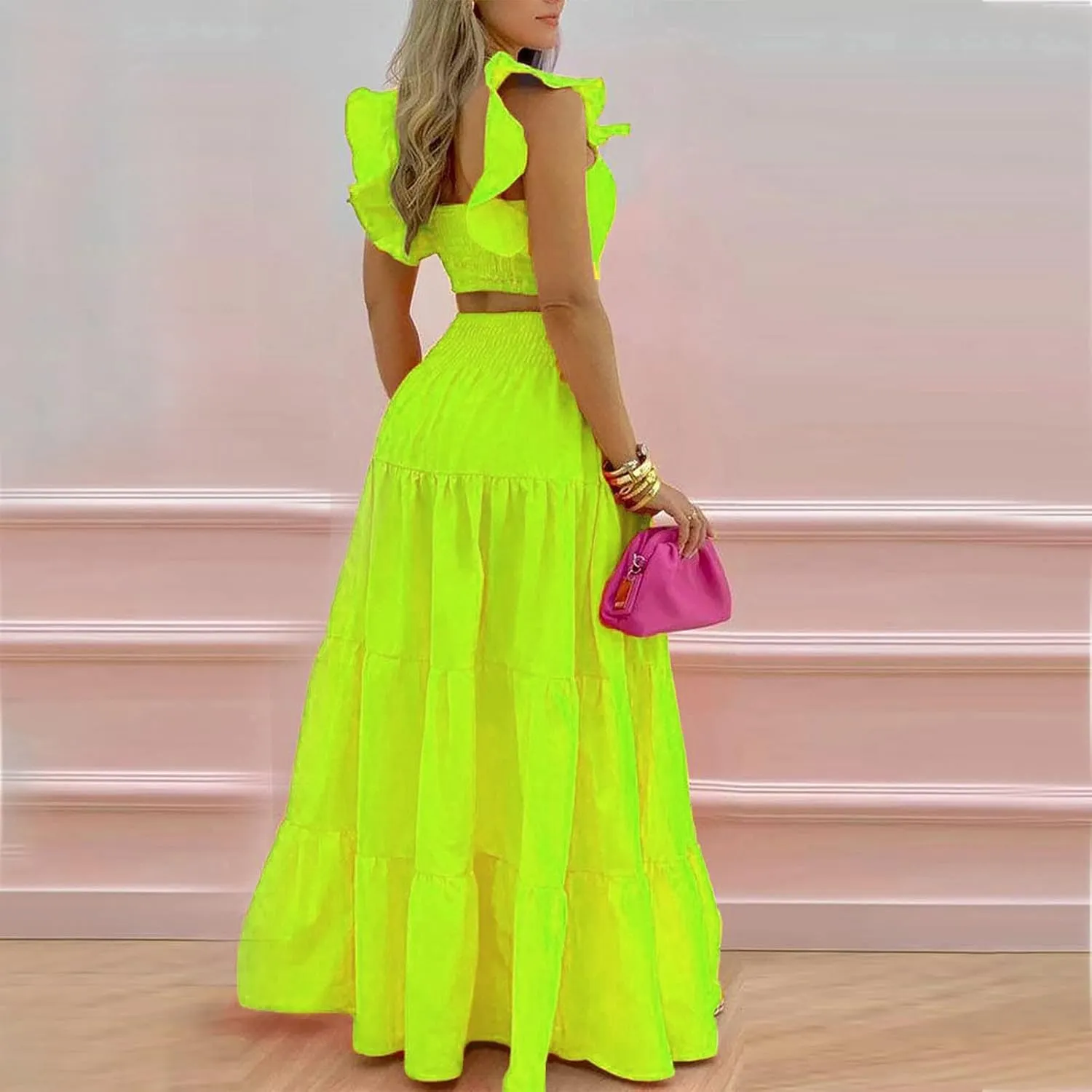 JOAU Women's 2 Piece Outfits Ruffle Spaghetti Strap Crop Top Elastic Waist Pleated A-Line Flowy Tiered Long Skirt Dress Sets