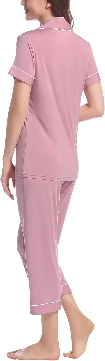 Joyaria Women Viscose Made from Bamboo Pajamas Set Cooling Capri Button Up/Down Pjs Short Sleeve Sleepwear