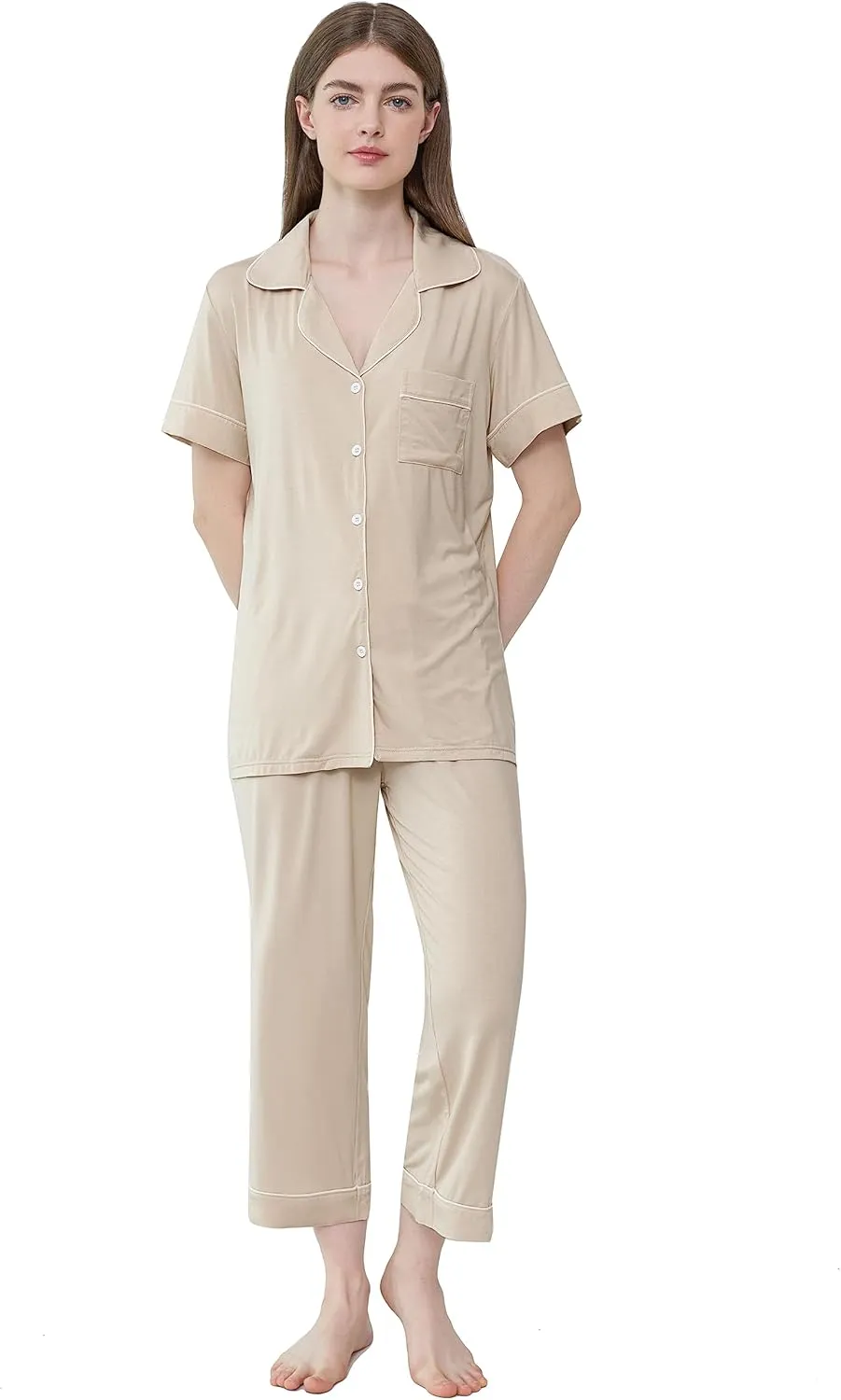 Joyaria Women Viscose Made from Bamboo Pajamas Set Cooling Capri Button Up/Down Pjs Short Sleeve Sleepwear