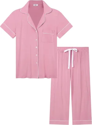 Joyaria Women Viscose Made from Bamboo Pajamas Set Cooling Capri Button Up/Down Pjs Short Sleeve Sleepwear