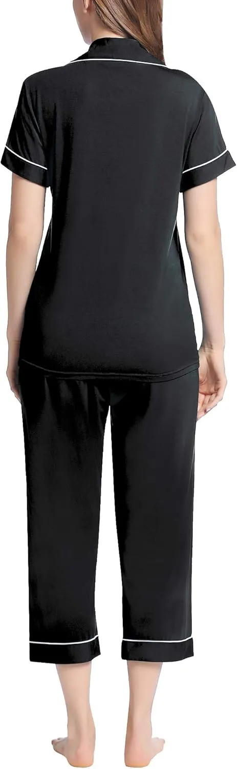 Joyaria Women Viscose Made from Bamboo Pajamas Set Cooling Capri Button Up/Down Pjs Short Sleeve Sleepwear