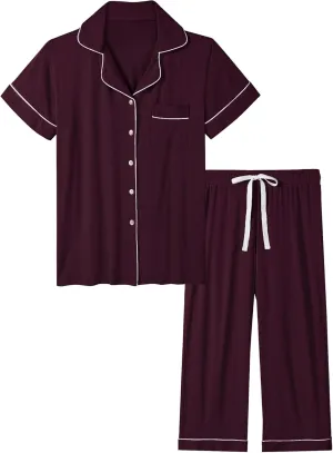 Joyaria Women Viscose Made from Bamboo Pajamas Set Cooling Capri Button Up/Down Pjs Short Sleeve Sleepwear