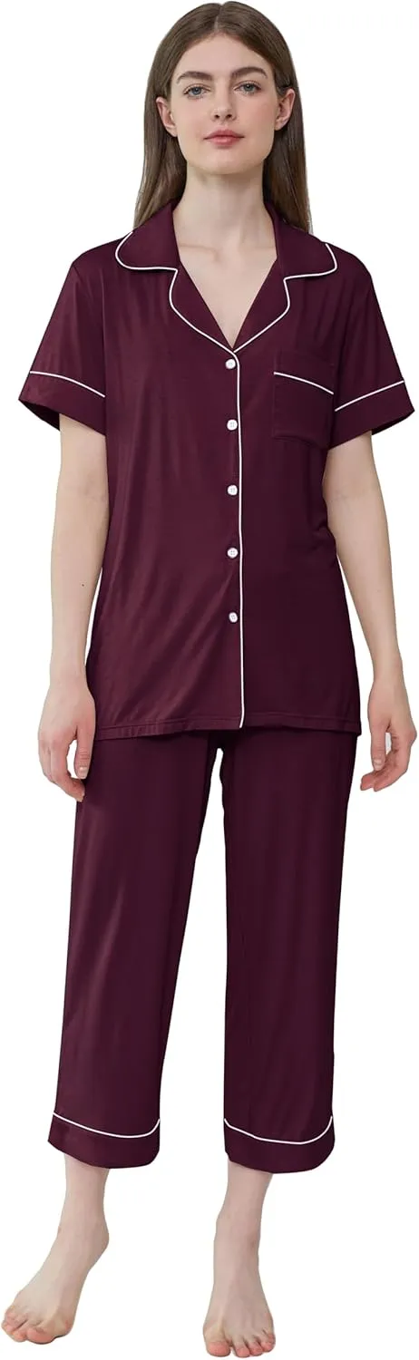 Joyaria Women Viscose Made from Bamboo Pajamas Set Cooling Capri Button Up/Down Pjs Short Sleeve Sleepwear