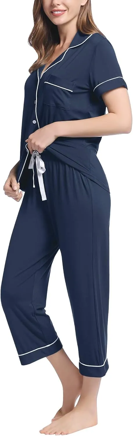 Joyaria Women Viscose Made from Bamboo Pajamas Set Cooling Capri Button Up/Down Pjs Short Sleeve Sleepwear
