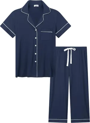 Joyaria Women Viscose Made from Bamboo Pajamas Set Cooling Capri Button Up/Down Pjs Short Sleeve Sleepwear
