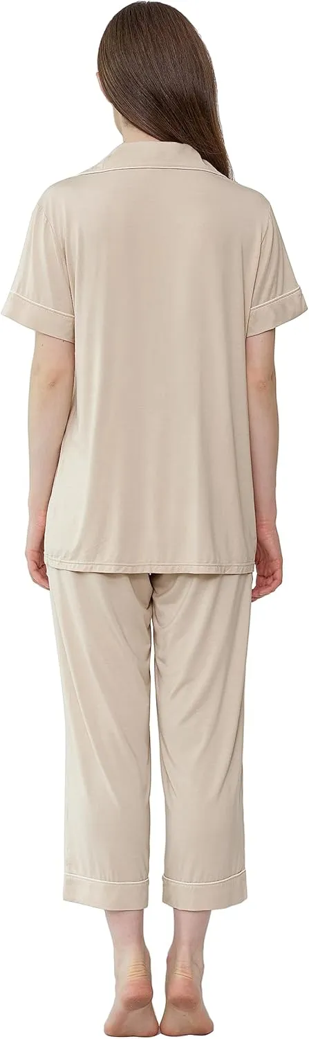 Joyaria Women Viscose Made from Bamboo Pajamas Set Cooling Capri Button Up/Down Pjs Short Sleeve Sleepwear