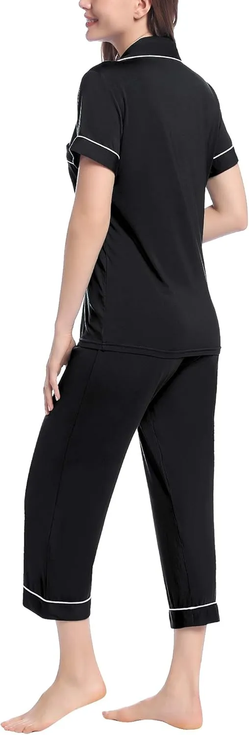 Joyaria Women Viscose Made from Bamboo Pajamas Set Cooling Capri Button Up/Down Pjs Short Sleeve Sleepwear