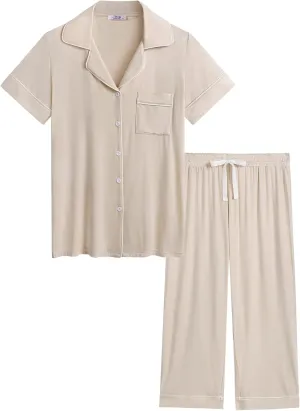 Joyaria Women Viscose Made from Bamboo Pajamas Set Cooling Capri Button Up/Down Pjs Short Sleeve Sleepwear