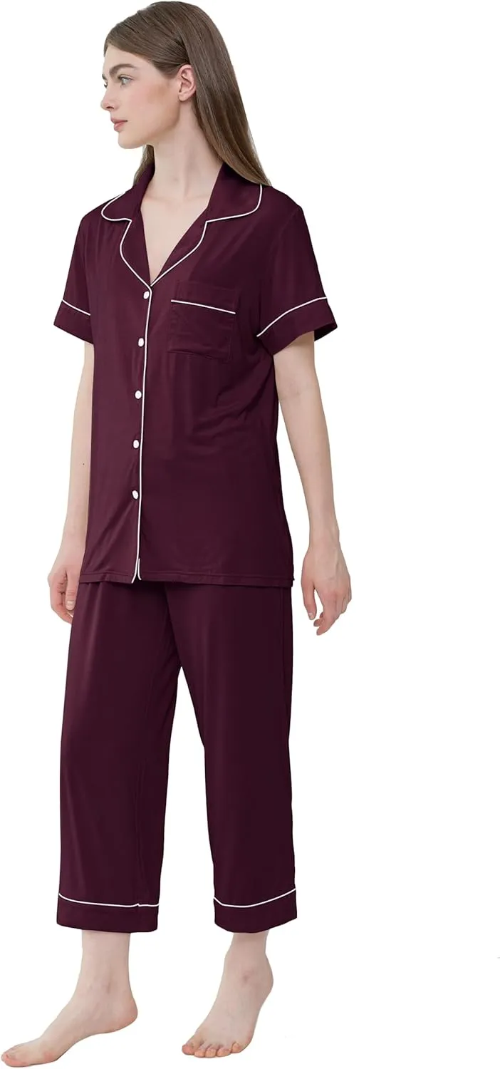Joyaria Women Viscose Made from Bamboo Pajamas Set Cooling Capri Button Up/Down Pjs Short Sleeve Sleepwear