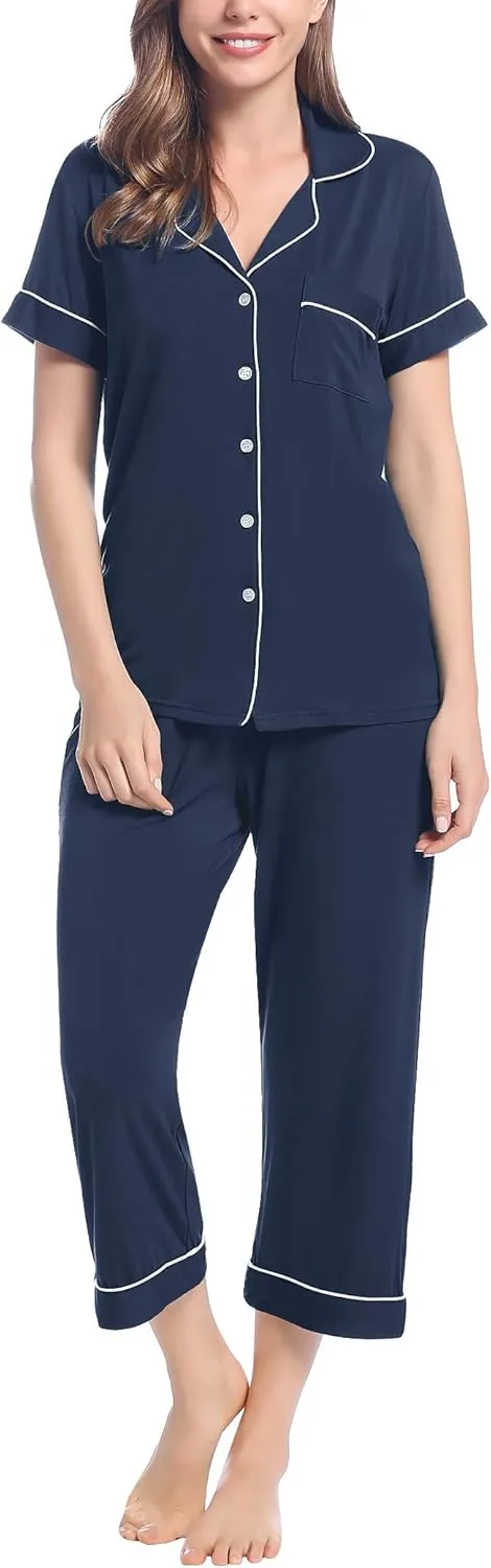 Joyaria Women Viscose Made from Bamboo Pajamas Set Cooling Capri Button Up/Down Pjs Short Sleeve Sleepwear