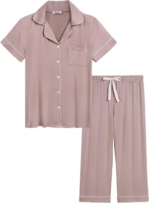 Joyaria Women Viscose Made from Bamboo Pajamas Set Cooling Capri Button Up/Down Pjs Short Sleeve Sleepwear