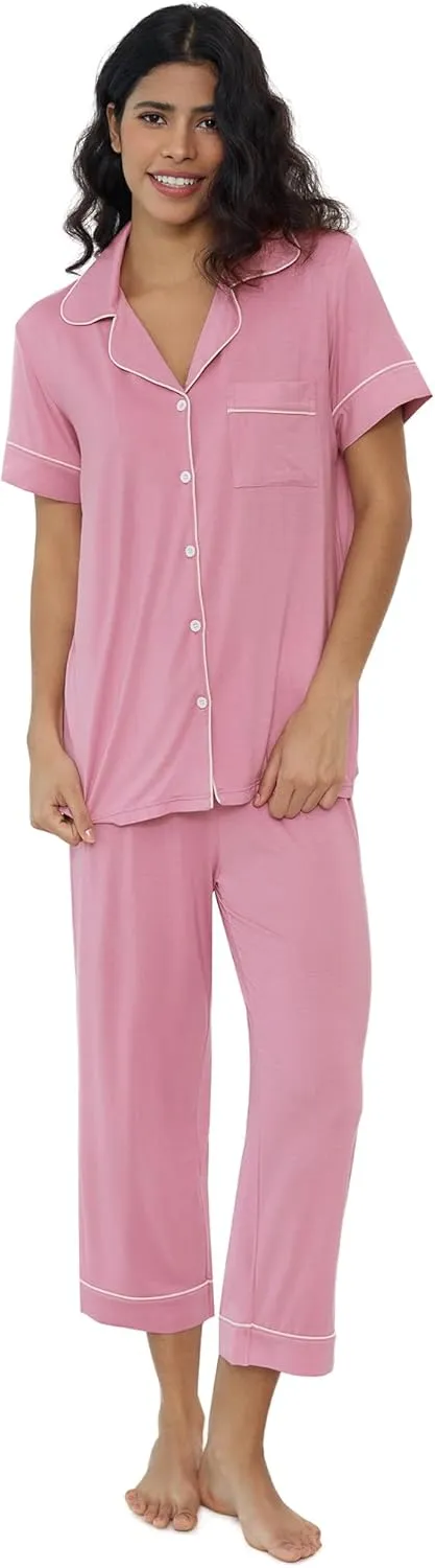 Joyaria Women Viscose Made from Bamboo Pajamas Set Cooling Capri Button Up/Down Pjs Short Sleeve Sleepwear