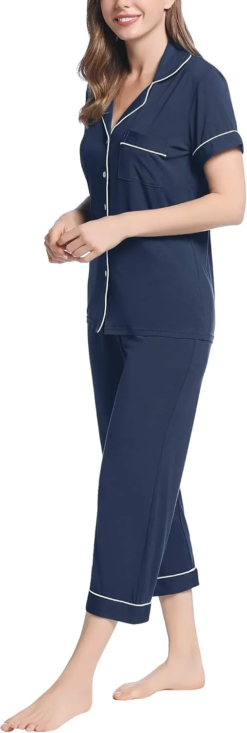 Joyaria Women Viscose Made from Bamboo Pajamas Set Cooling Capri Button Up/Down Pjs Short Sleeve Sleepwear