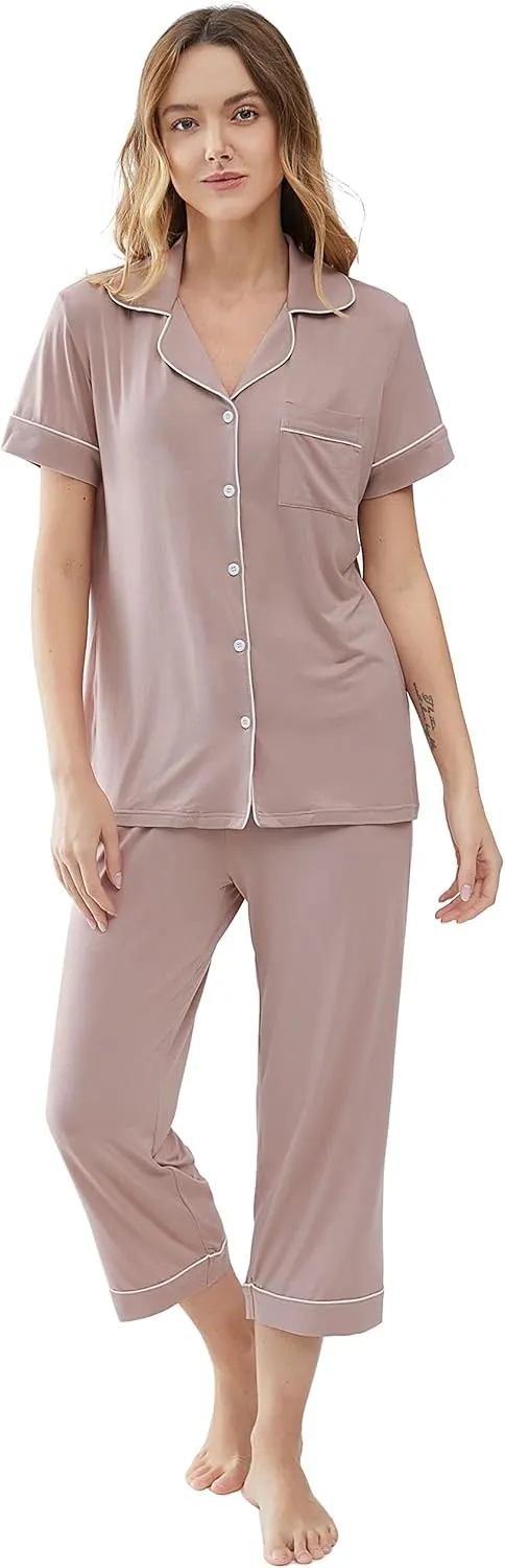 Joyaria Women Viscose Made from Bamboo Pajamas Set Cooling Capri Button Up/Down Pjs Short Sleeve Sleepwear