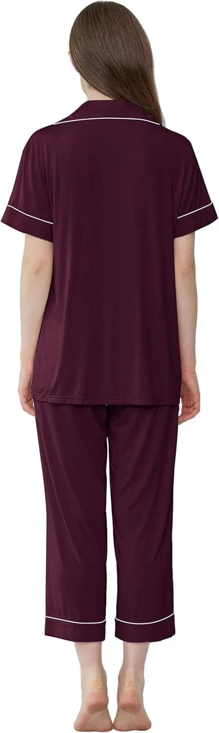 Joyaria Women Viscose Made from Bamboo Pajamas Set Cooling Capri Button Up/Down Pjs Short Sleeve Sleepwear