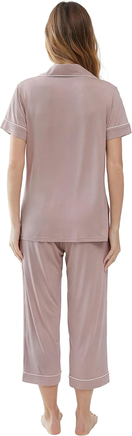 Joyaria Women Viscose Made from Bamboo Pajamas Set Cooling Capri Button Up/Down Pjs Short Sleeve Sleepwear