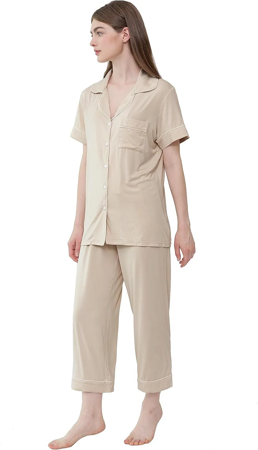 Joyaria Women Viscose Made from Bamboo Pajamas Set Cooling Capri Button Up/Down Pjs Short Sleeve Sleepwear