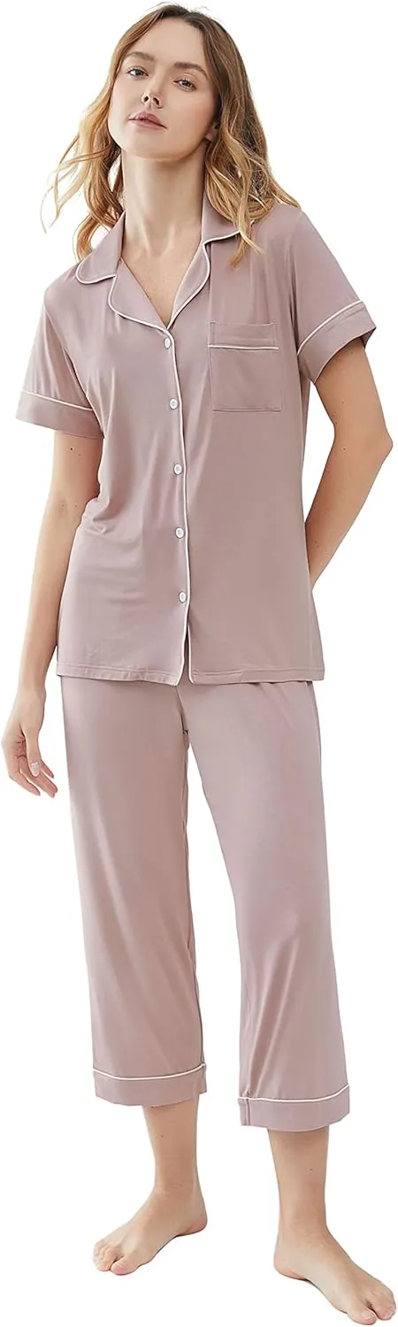 Joyaria Women Viscose Made from Bamboo Pajamas Set Cooling Capri Button Up/Down Pjs Short Sleeve Sleepwear