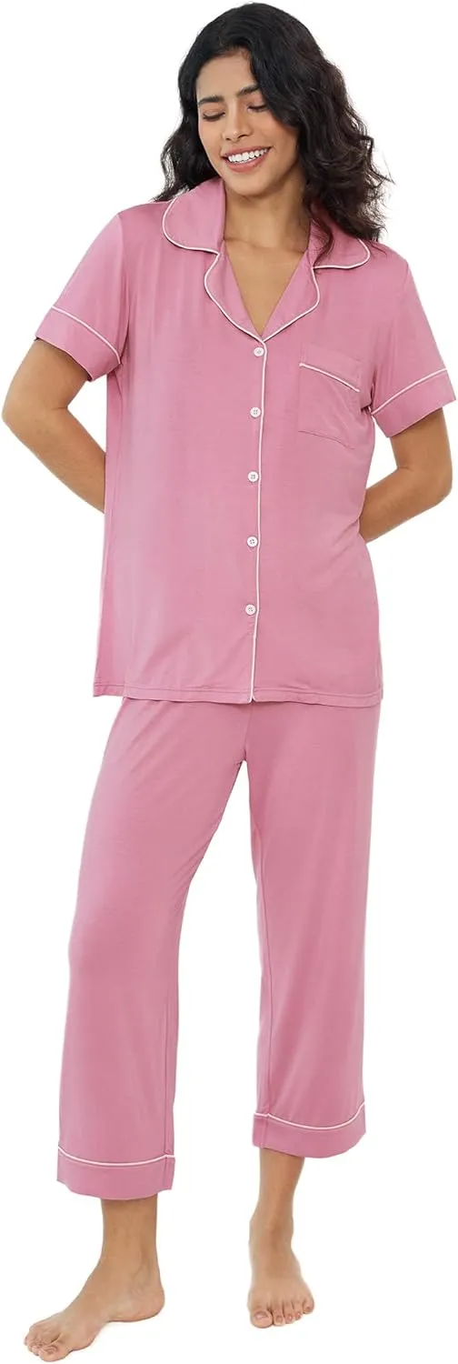 Joyaria Women Viscose Made from Bamboo Pajamas Set Cooling Capri Button Up/Down Pjs Short Sleeve Sleepwear