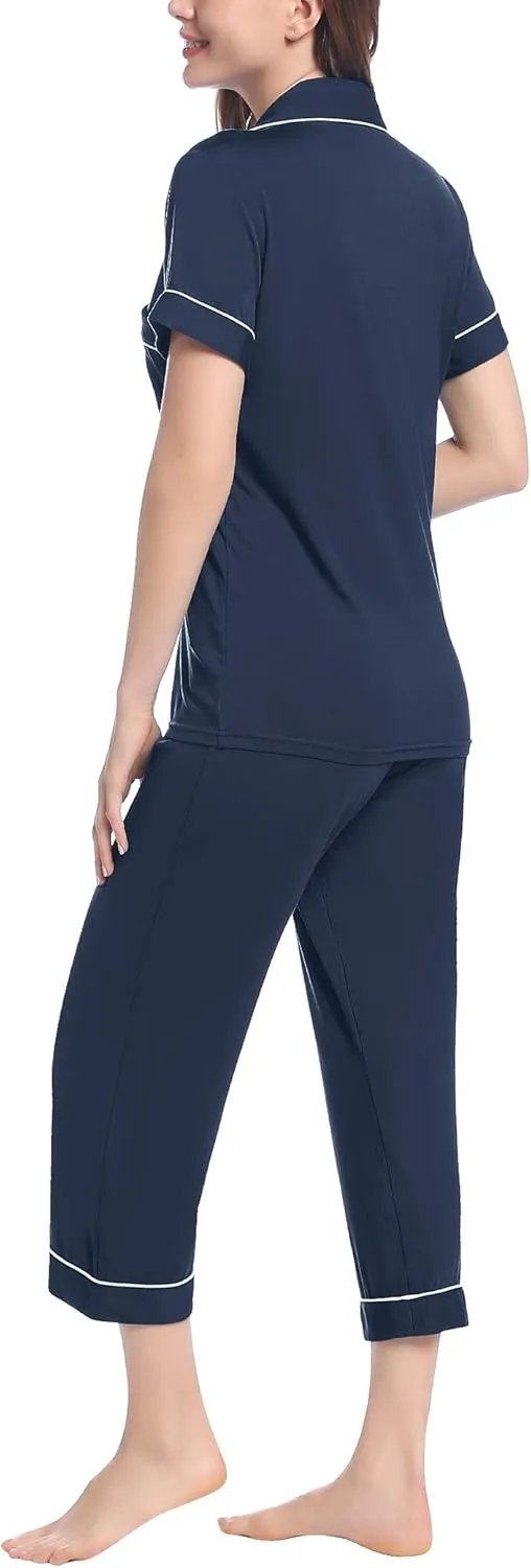 Joyaria Women Viscose Made from Bamboo Pajamas Set Cooling Capri Button Up/Down Pjs Short Sleeve Sleepwear