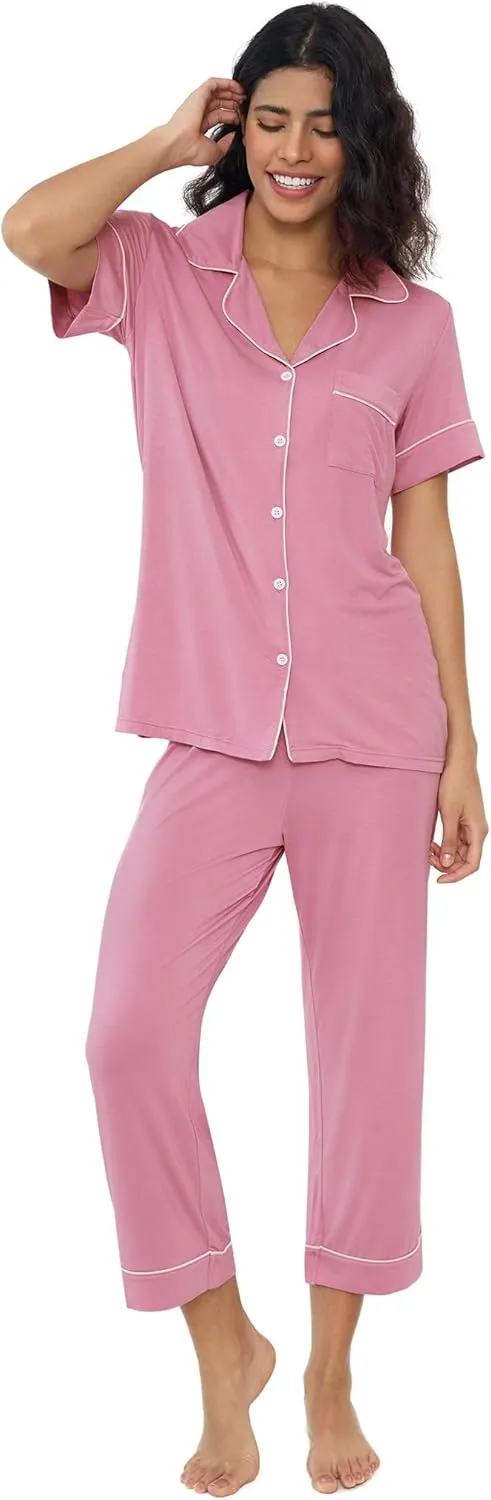 Joyaria Women Viscose Made from Bamboo Pajamas Set Cooling Capri Button Up/Down Pjs Short Sleeve Sleepwear