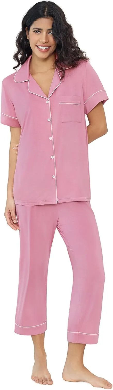 Joyaria Women Viscose Made from Bamboo Pajamas Set Cooling Capri Button Up/Down Pjs Short Sleeve Sleepwear