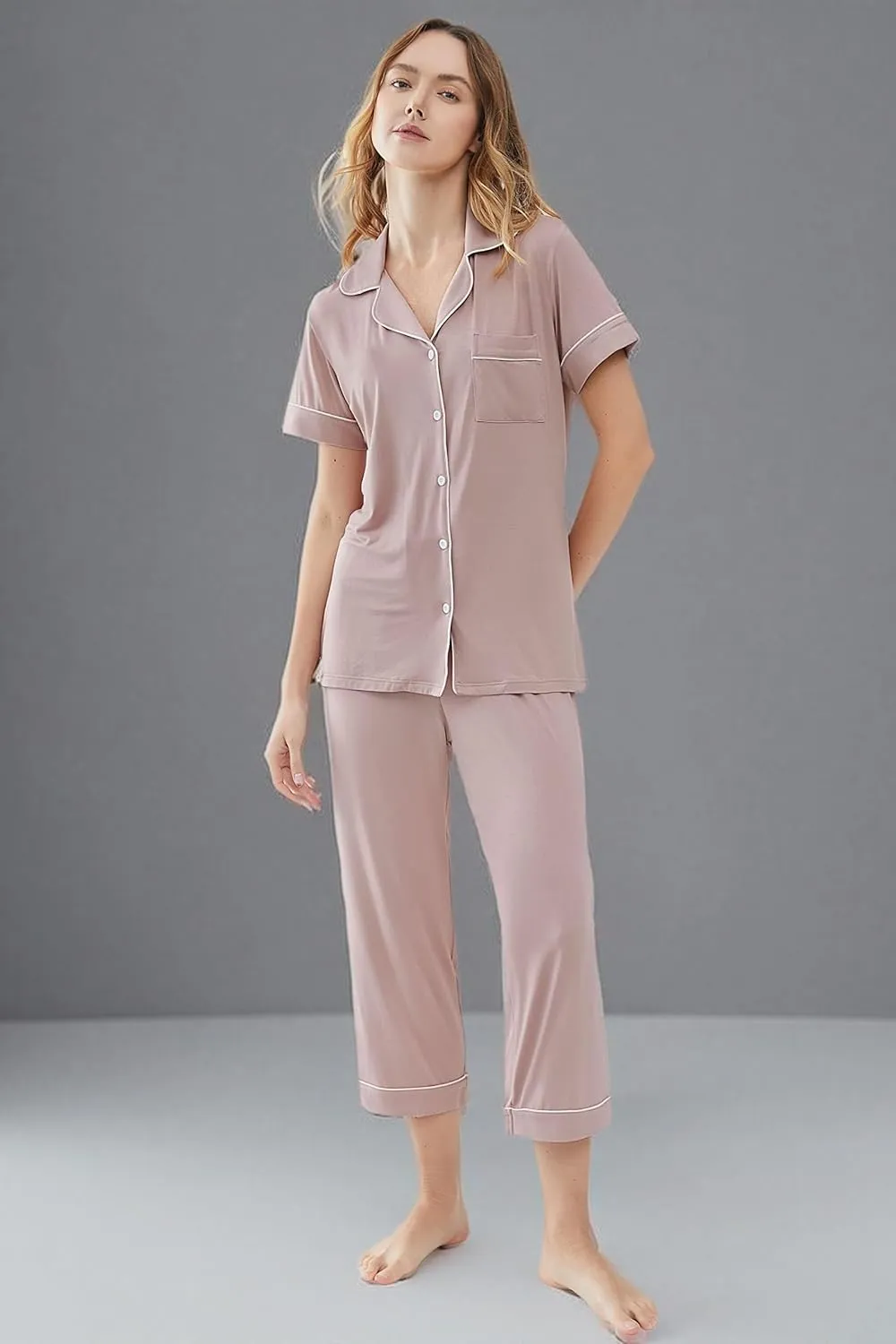 Joyaria Women Viscose Made from Bamboo Pajamas Set Cooling Capri Button Up/Down Pjs Short Sleeve Sleepwear